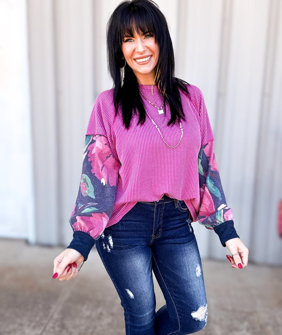 Rosy Rebel Magenta & Floral Ribbed Top