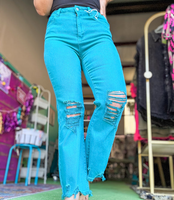Tattered In Teal • Super Stretch Jeans