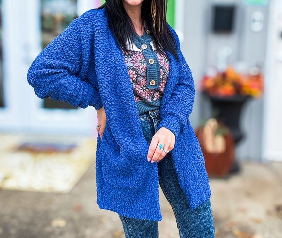 Cozy Season Popcorn Cardigan • Royal