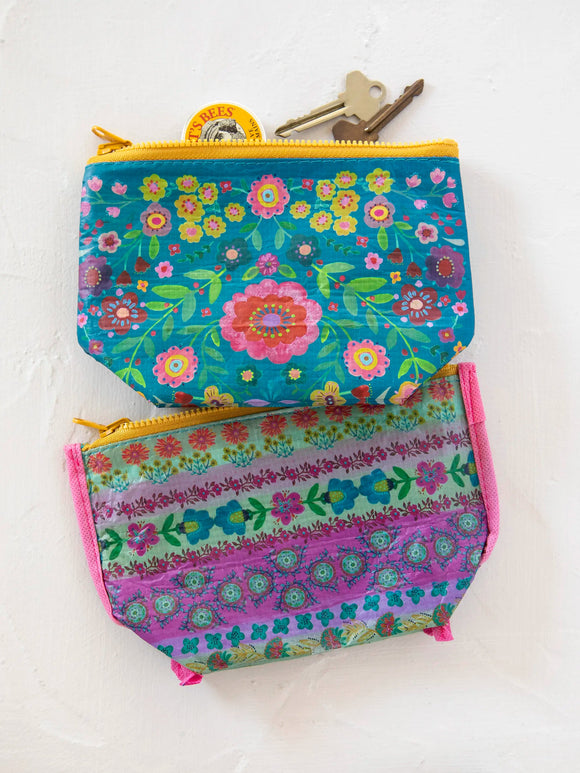 Small Recycled Zipper Pouch - Turquoise Folk Flower