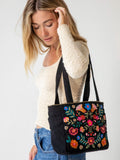 Embroidered Corduroy Tote - Black Folk Flower