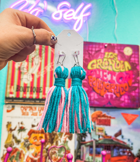 Turquoise & Baby Pink Fringe Earrings • Silver Stainless Steel Settings