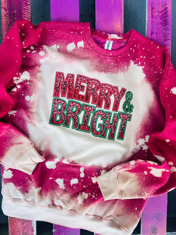 Merry & Bright Christmas Screen Printed Bleached Sweater • Pre Order